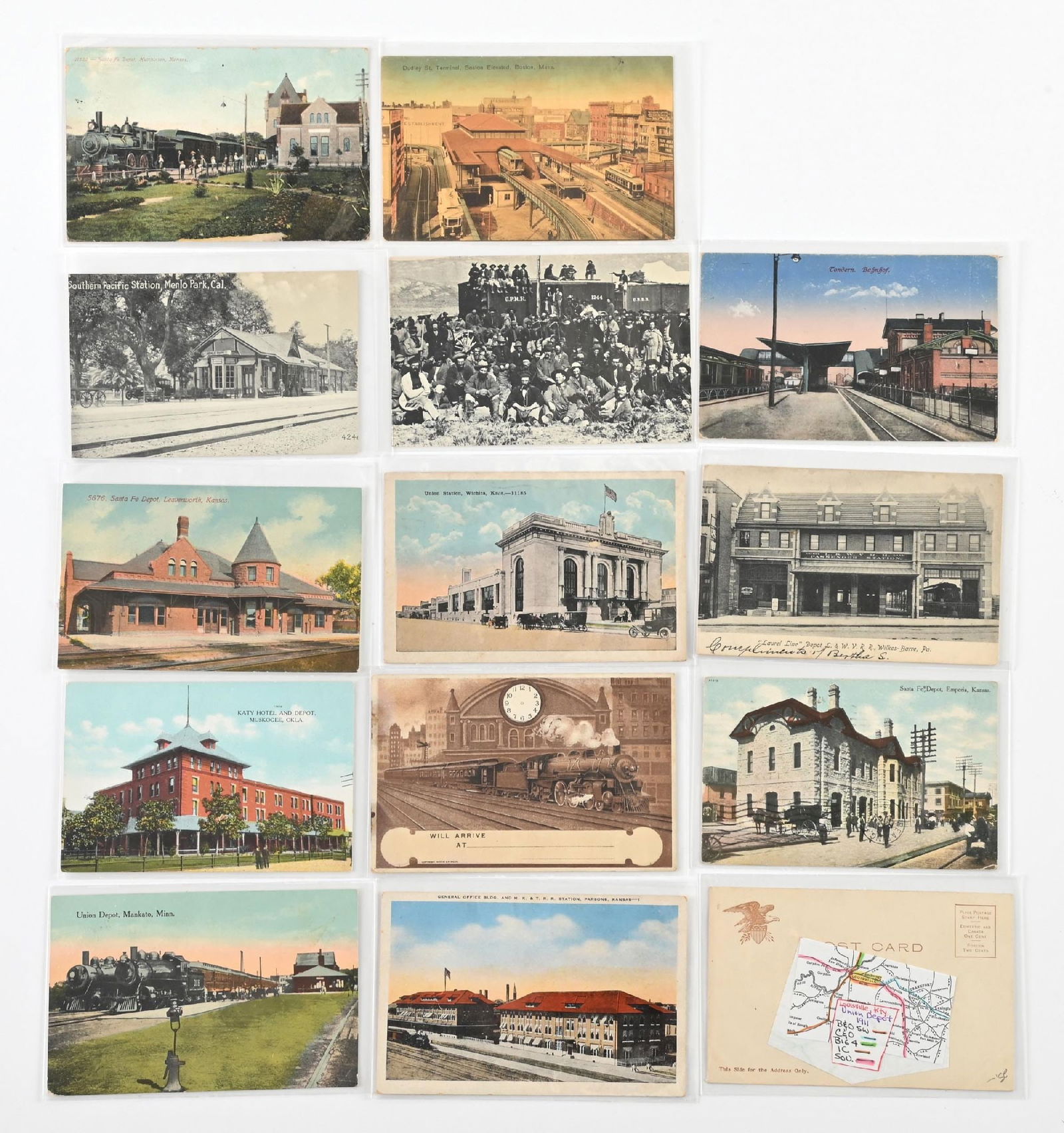 LOT OF 14: VARIOUS VINTAGE TRAIN STATION POSTCARDS: LOT OF 14: VARIOUS VINTAGE TRAIN STATION POSTCARDS Condition: (Excellent) Dimensions: Each: 5 - 1/2" x 3 - 1/2".