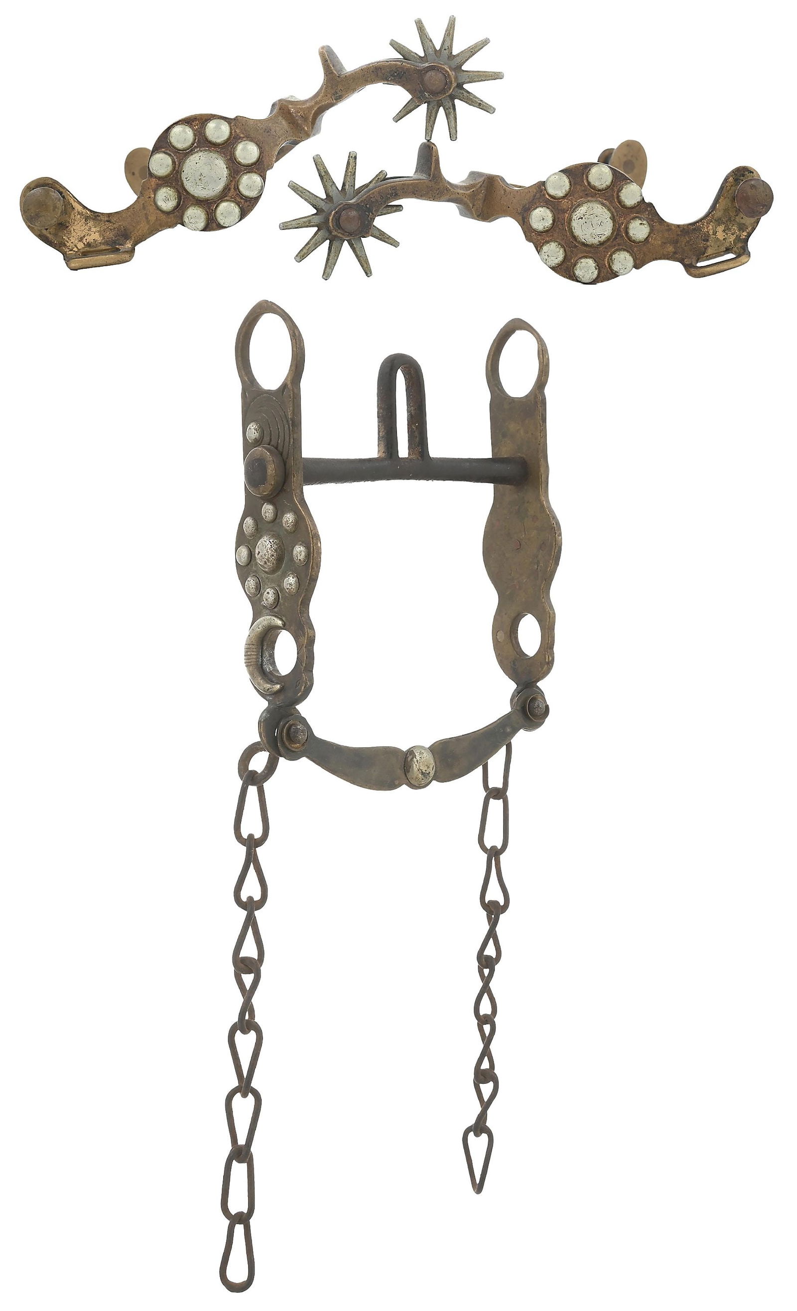 A. BUERMANN "TARGET" OR "SPOT" SPUR AND BIT SET: Hercules Bronze spurs (#1392 1/2) 1-1/2" band, 1-3/4" shank and 1-3/4" rowel and bit (1384) set. Anchor marked with Pat. date May 7, 1912. Dimensions:
