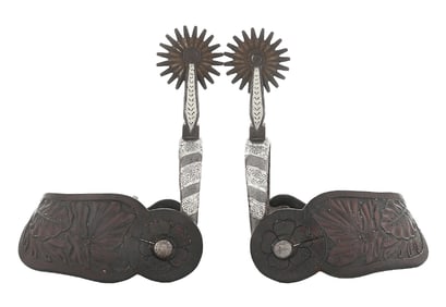 BUERMANN SPURS WITH LEATHER FLORAL TOOLED STRAPS