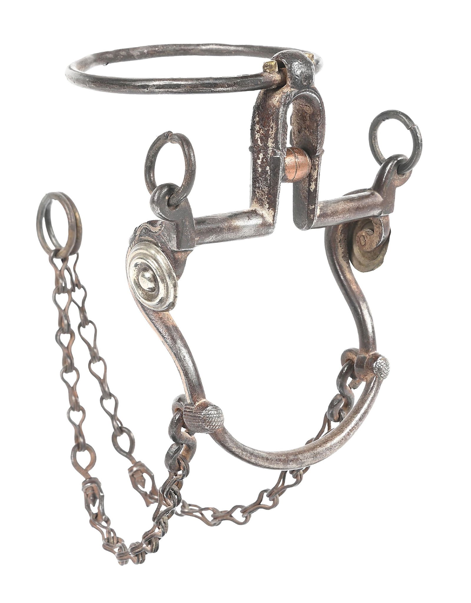 MEXICAN SERPENT PATTERN RING BIT: All original iron ring bit with forged design work, and inlaid silver serpent. Copper dangles and roller on the high mouthpiece. Top of mouthpiece has the initials "M D". Original forged iron rein cha
