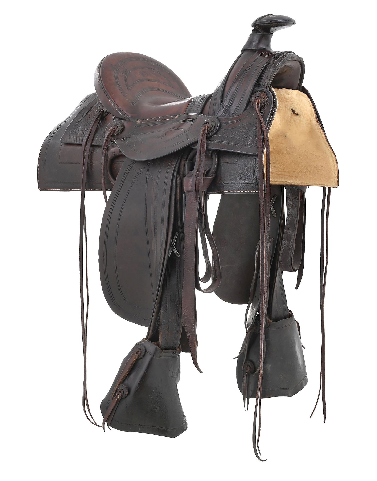 J. W. HUFF HALF SEAT SADDLE: The classic Rocky Mountain Trail saddle, Cheyenne roll 3" cantle, Sam Stagg rigging, exposed stirrup leathers, 8 strings and full double rigged. By John W. Huff/ Denver (1886-1903) and marked on the j