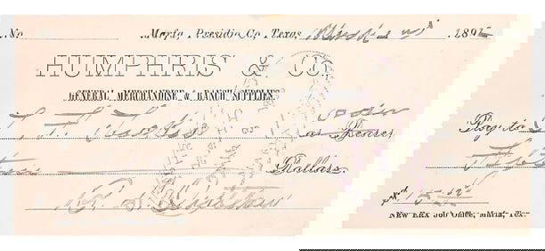 TEXAS RANGER BASS OUTLAW SIGNED GENERAL MERCHANDISE & RANCH SUPPLIES CHECK