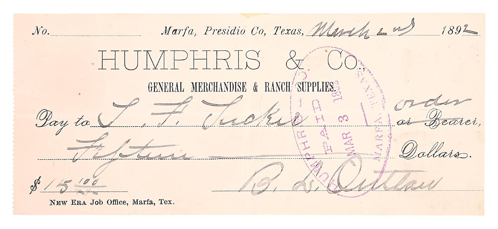 TEXAS RANGER BASS OUTLAW SIGNED GENERAL MERCHANDISE & RANCH SUPPLIES CHECK: Humphris & Co. (General Merchandise & Ranch Supplies) check, Marfa, Presidio County, Texas signed by infamous Texas Ranger B. (Bass) L. Outlaw. Dated March 2, 1892. Paid to the order of T. F. Tucker f