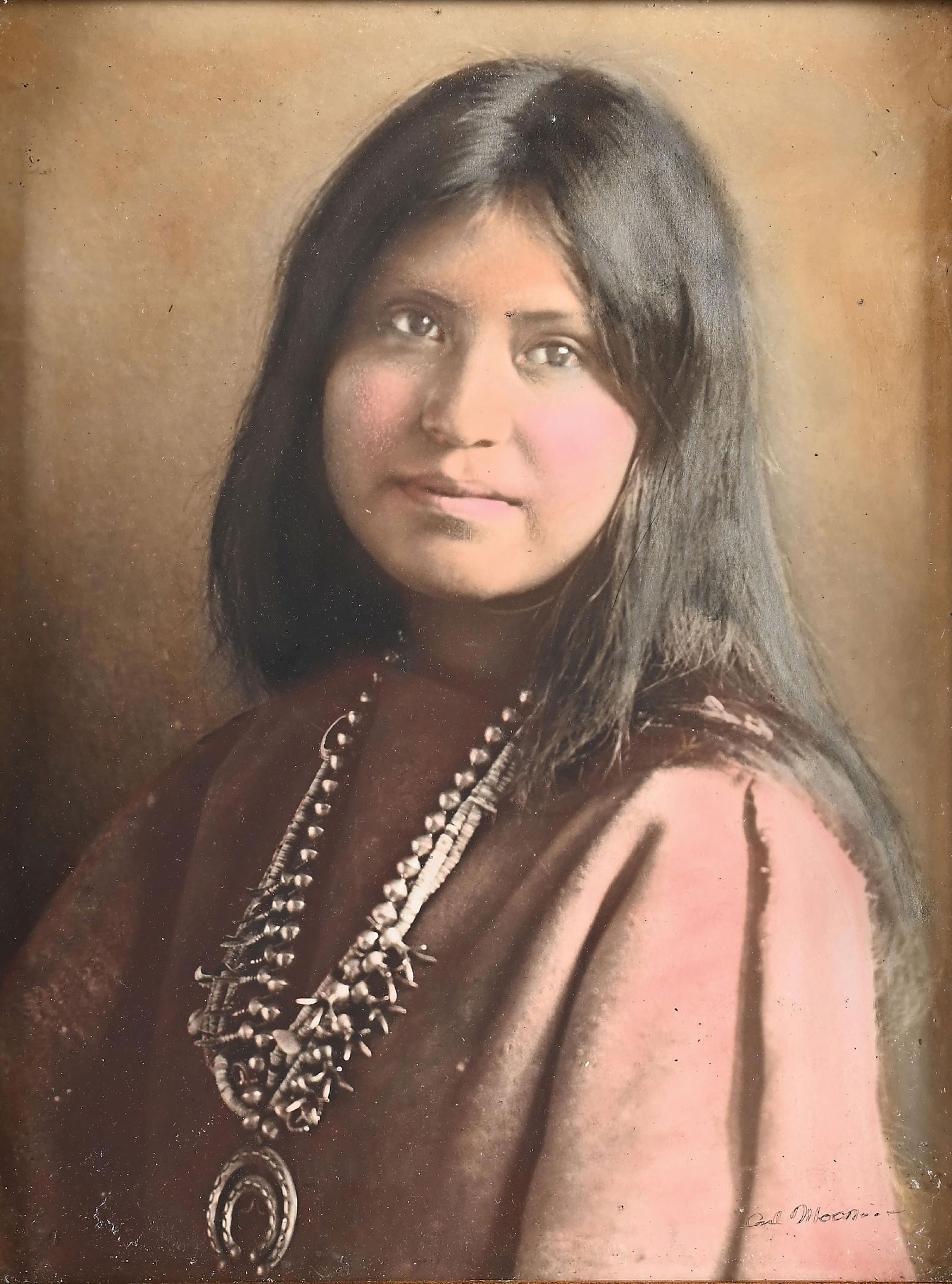 CARL MOON (AMERICAN, 1878-1948): Loti-Kee-Yah-Tede, Laguna Girl Lytrit color tinted large format photograph signed "Carl Moon" lower-right corner image: 16" x 12" framed: 24-1/4" x 20-1/2" original ornate gold tone wood frame with Mo