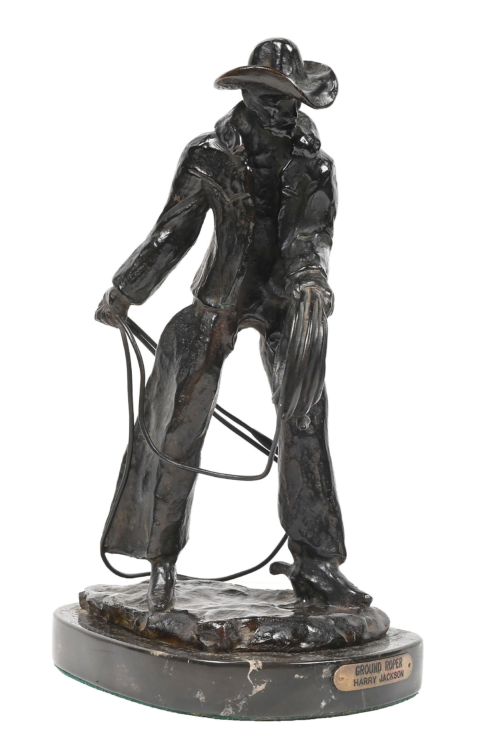 HARRY JACKSON (AMERICAN, 1924-2011): Ground Roper bronze 9" x 5" x 5" signed "Harry Jackson 28" on 1" marble base Dimensions: 9" x 5" x 5".