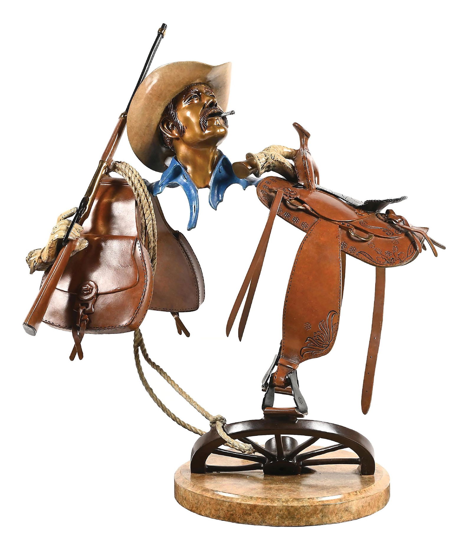 PAUL WEGNER (AMERICAN, B. 1950): Saddle-up bronze signed on plinth "P. Wagner" numbered 101/175. This is not a standard shippable item and will require 3rd party shipping or pickup arrangements to be made. Dimensions: 26" x 17" x 32"