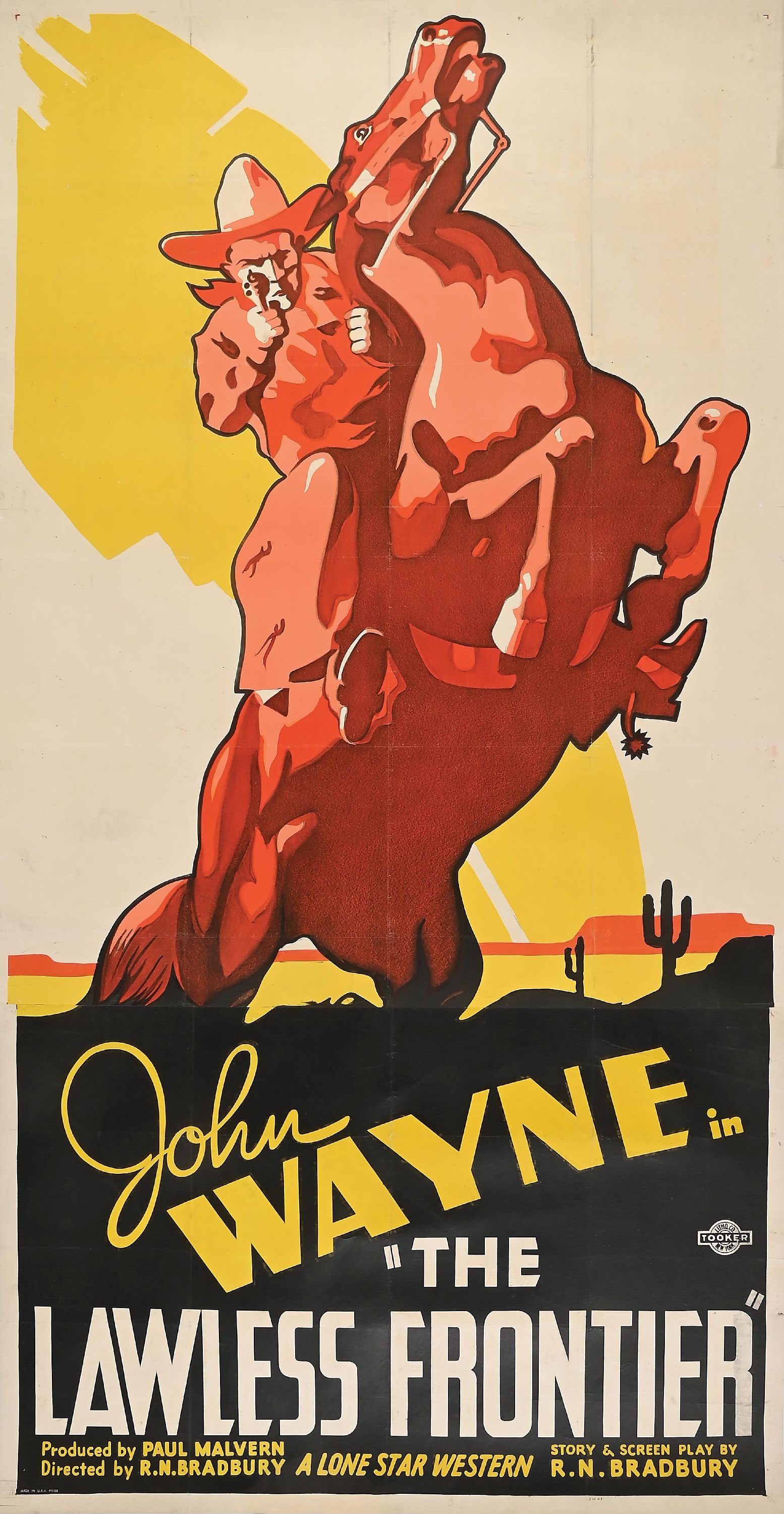 JOHN WAYNE "THE LAWLESS FRONTIER" THREE-SHEET LOBBY MOVIE POSTER: The Lawless Frontier featuring John Wayne three-sheet lobby poster, 1934. Condition: Showing good color, with some scuffs and evidence of the 3-sheet construction on linen backing, which does not detr