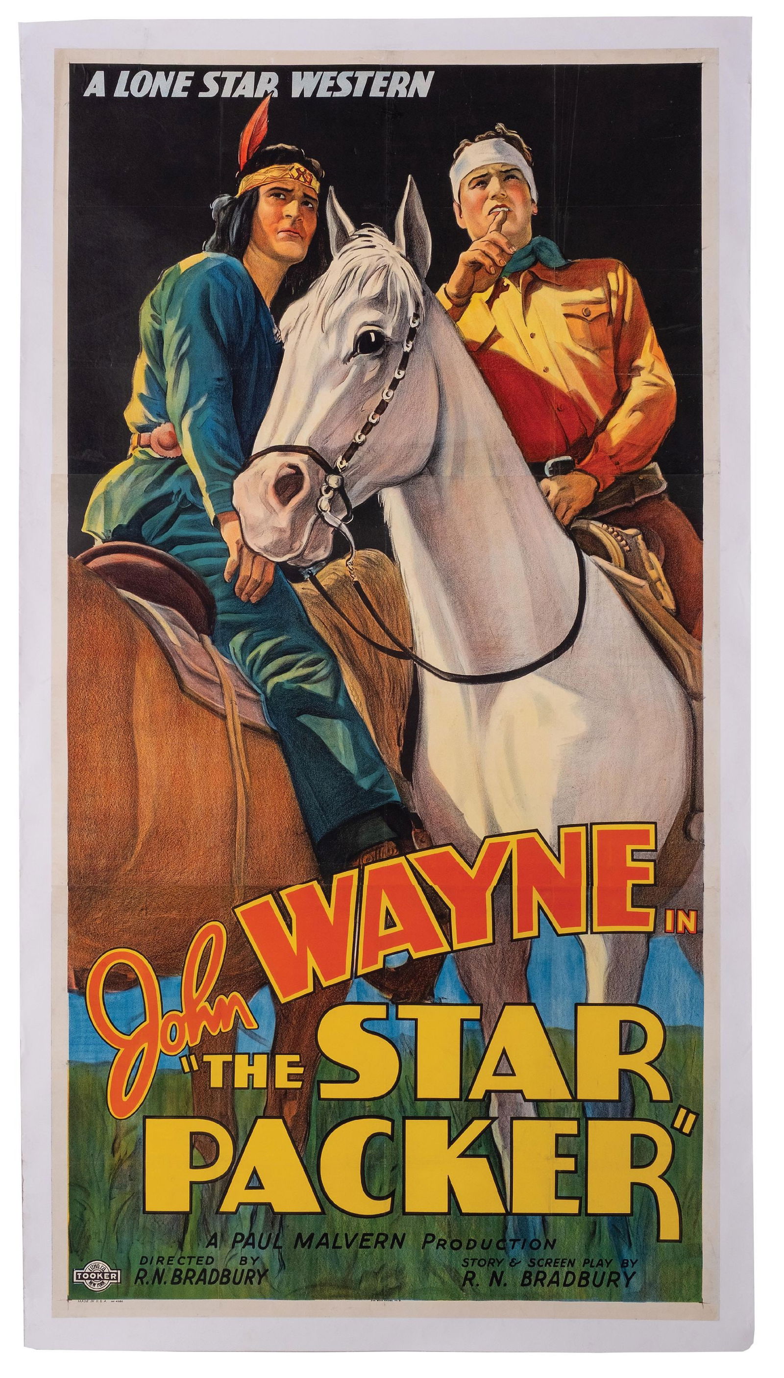 LONE STAR WESTERN JOHN WAYNE IN "THE STAR PACKER" THREE-SHEET MOVIE POSTER: The Star Packer featuring John Wayne 1934 three-sheet lobby poster. Condition: Showing wonderful color, with a great mounting of the three sheets to the linen backing. No rips or repairs noted. (8.9)