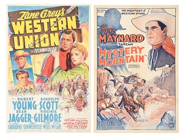 LOT OF 2: ZANE GREY'S "WESTERN UNION" & "MYSTERY MOUNTAIN" LINEN-BACKED ONE-SHEET MOVIE POSTERS