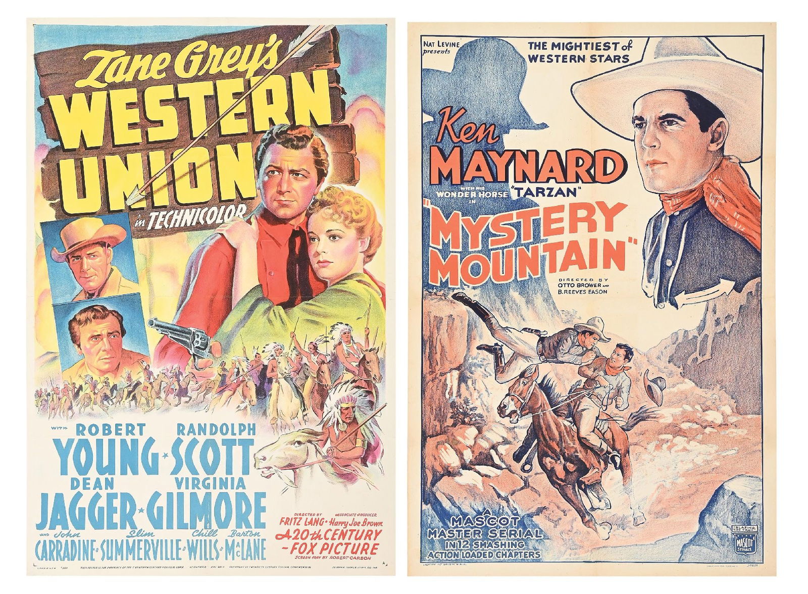 LOT OF 2: ZANE GREY'S "WESTERN UNION" & "MYSTERY MOUNTAIN" LINEN-BACKED ONE-SHEET MOVIE POSTERS (1 of 5)