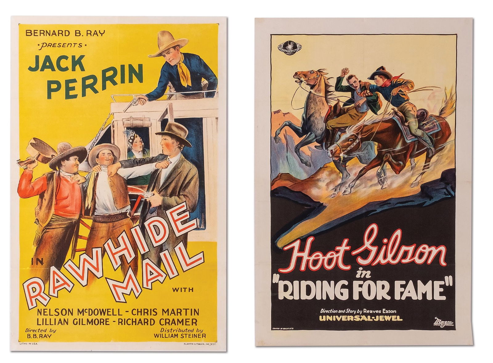 LOT OF 2: "RAWHIDE MAIL" & "RIDING FOR FAME" LINEN-BACKED ONE-SHEET MOVIE POSTERS (1 of 3)