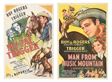 LOT OF 2: "MY PAL TRIGGER" & "MAN FROM MUSIC MOUNTAIN" LINEN-BACKED ONE-SHEET ROY ROGERS MOVIE