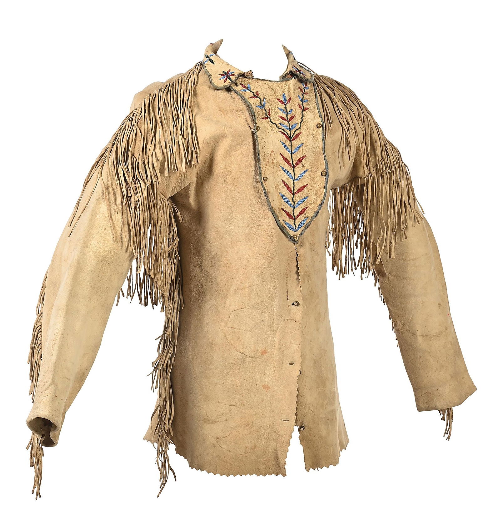 SIOUX (LAKOTA) SANTEE SCOUT SHIRT: Circa last quarter 19th century. With fringe, a beaded floral panel and collar, trimmed with trade cloth and fastened with circular brass beads, brass beads also extending down the front. Dimensions: