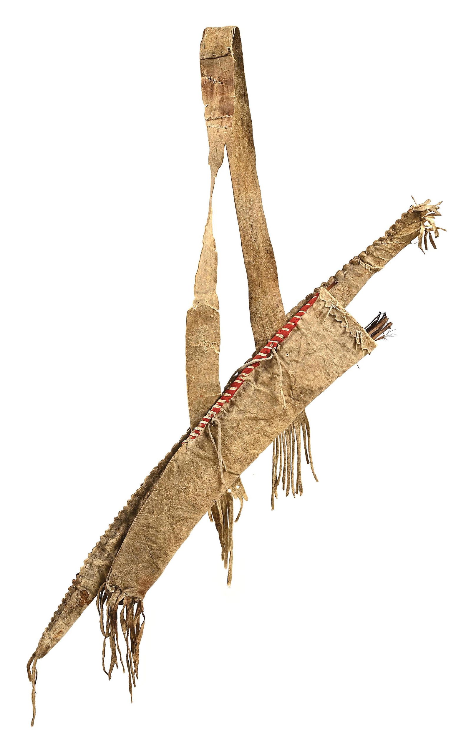 APACHE BOW AND QUIVER CASE: With fringe and trade cloth highlights. Quiver containing two steel-tipped arrows. Dimensions: