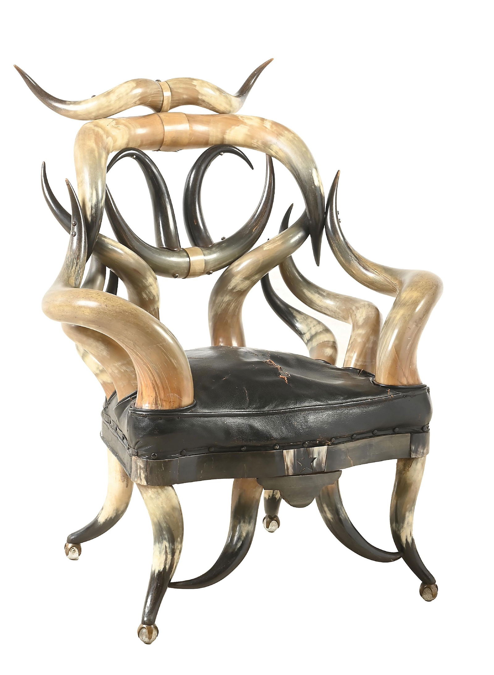 TEXAS LONGHORN CHAIR: Circa last quarter 19th century, manufactured by Wenzel Friedrich. With leather seat. Each leg ending with a round crystal finial. Dimensions: Overall: 31" wide, 25" in diameter and 36-1/2" tall. Seat