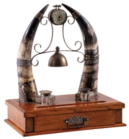 ANTIQUE HORN MANTEL CLOCK WITH BELL AND DRAWER