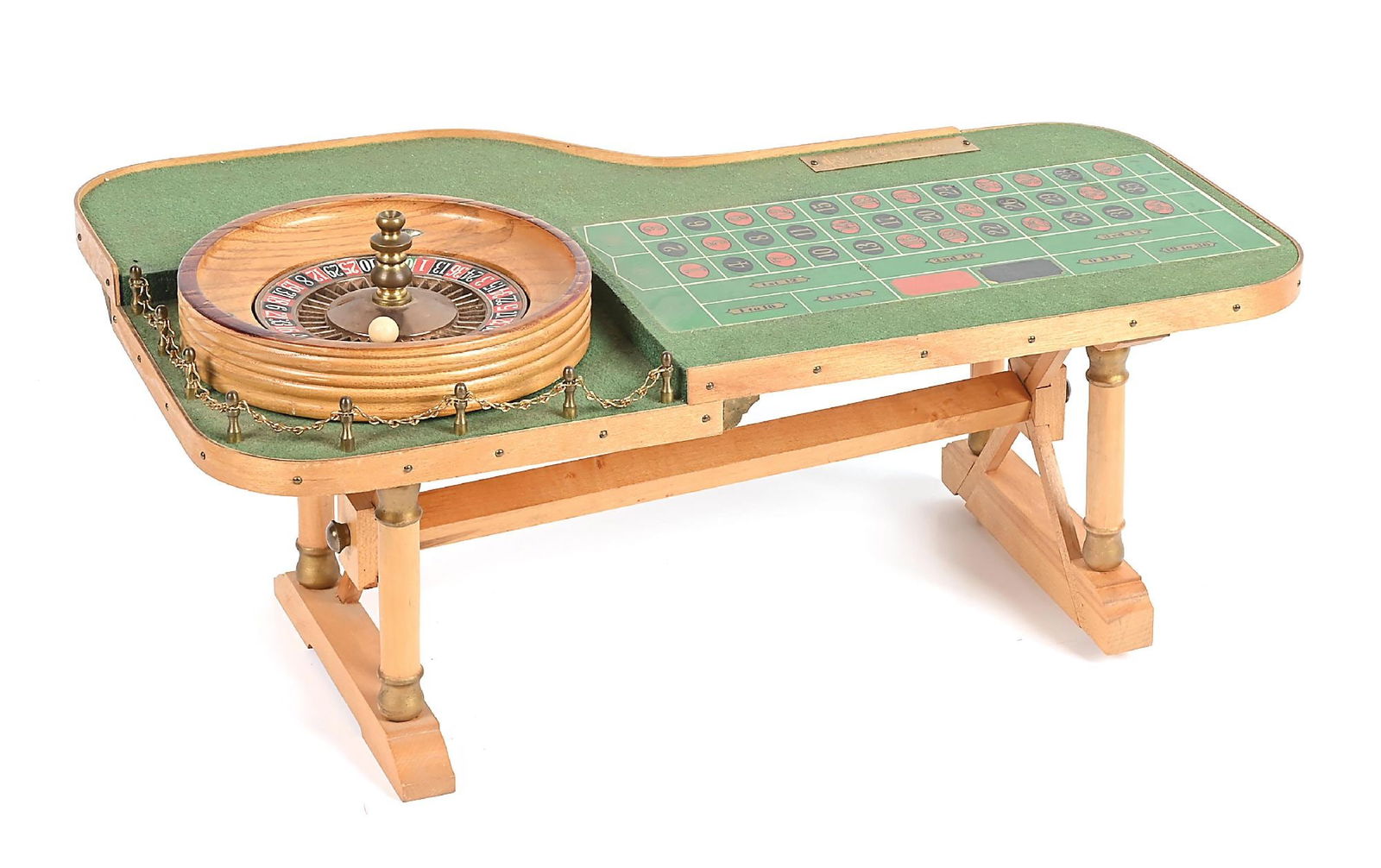 WILBUR CLARK'S DESERT INN MINIATURE ROULETTE WITH ORIGINAL BALL: Circa 1960s. Scarce miniature roulette wheel and table from Wilbur Clark’s Desert Inn, Las Vegas. Reserved as gifts and promo items for “high rollers”. Wheel spins freely, overall ve