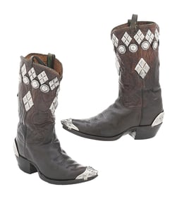 BROWN LEATHER & STERLING SILVER STUDDED COWBOY BOOTS