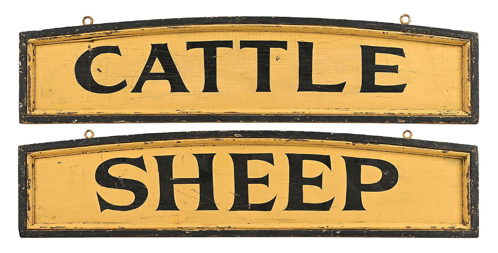 WOODEN HANGING CATTLE AND SWINE SIGNS: Hand lettered on wood. Each: 14" x 60". Ready to hang. Condition: Very good with some light crazing. This is not a standard shippable item and will require 3rd party shipping or pickup arrangements to