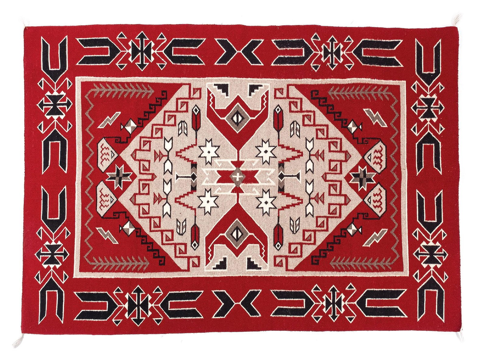 NAVAJO (DINÉ) WEAVING TEEC NOS POS: Contemporary. With a central cross encased by a complicated central field full of geometric patterns, surrounded by a wide traditional Teec Nos Pos border. Dimensions: 77-1/8" X 54-3/4" Colors: Red, L