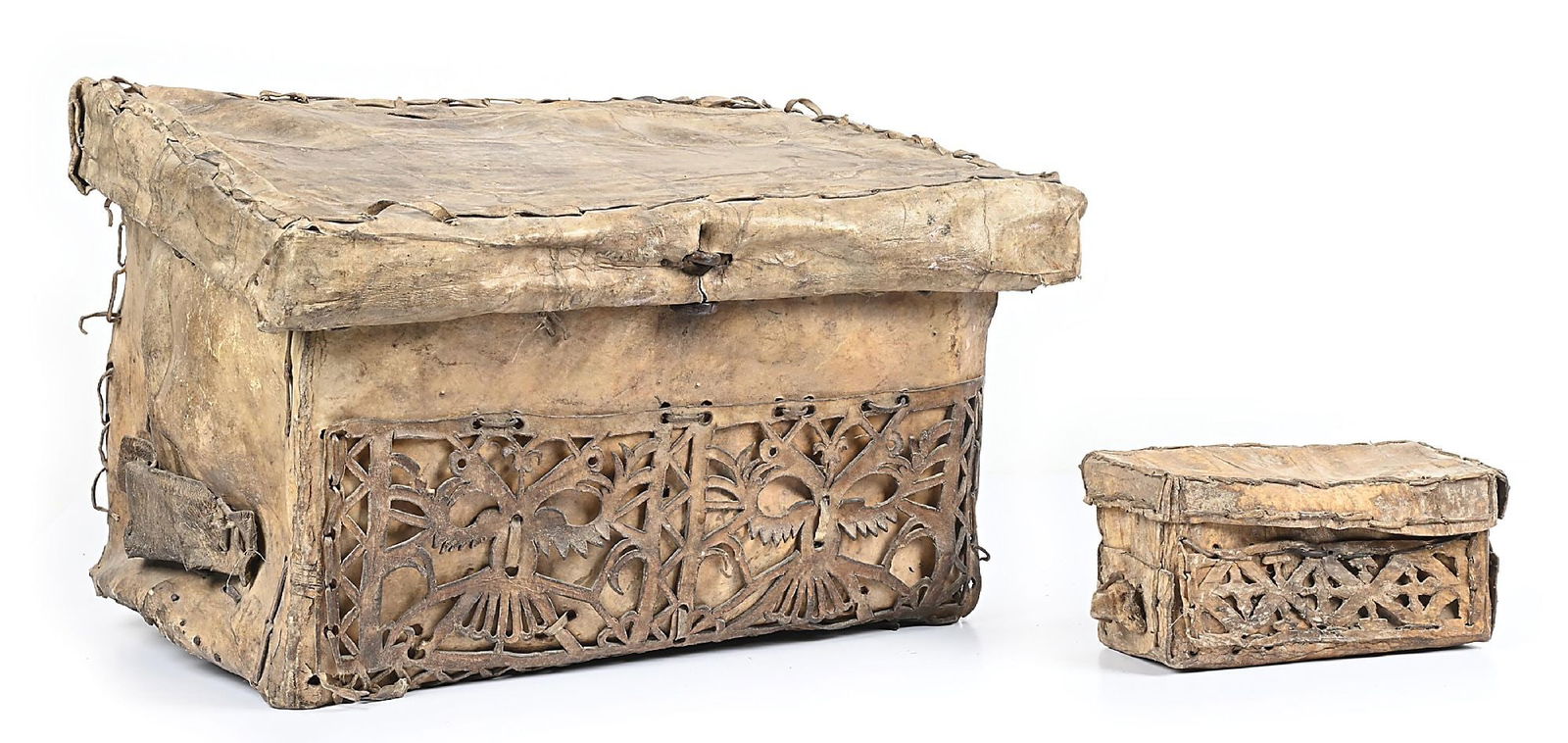 LOT OF 2: RAWHIDE BOXES: Early 19th century Spanish colonial rawhide and lace document boxes. Dimensions: Largest: 18" x 12" x 13".