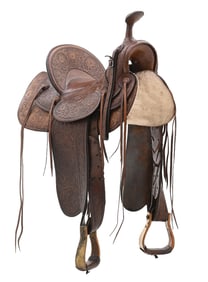 CIRCA 1878 JOHN CLARK HAND-TOOLED FLORAL LEATHER SADDLE