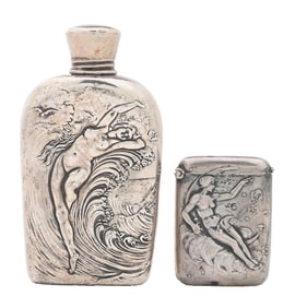 LOT OF 2: SILVER FLASK AND SILVER MATCH SAFE