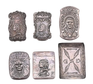 LOT OF 6: NATIVE AMERICAN STERLING VESTA MATCH SAFES AND TRAY