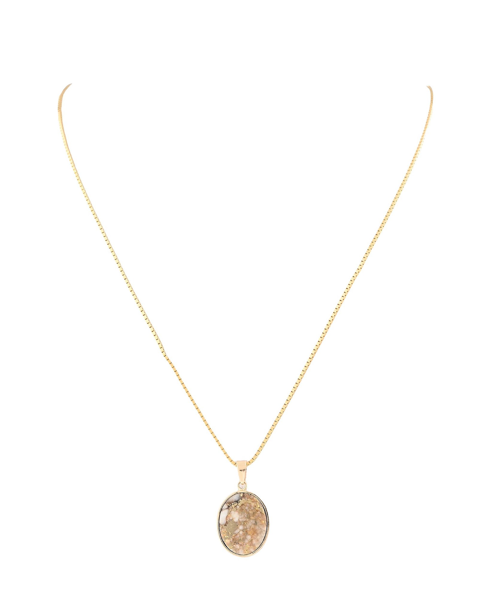 14K GOLD QUARTZ PENDANT NECKLACE: Very nice gold quartz pendant. Gold quartz panel has nice color and veins of gold. Chain is marked 14K. 7.3 grams. Condition: Excellent. Dimensions: 13" Length.
