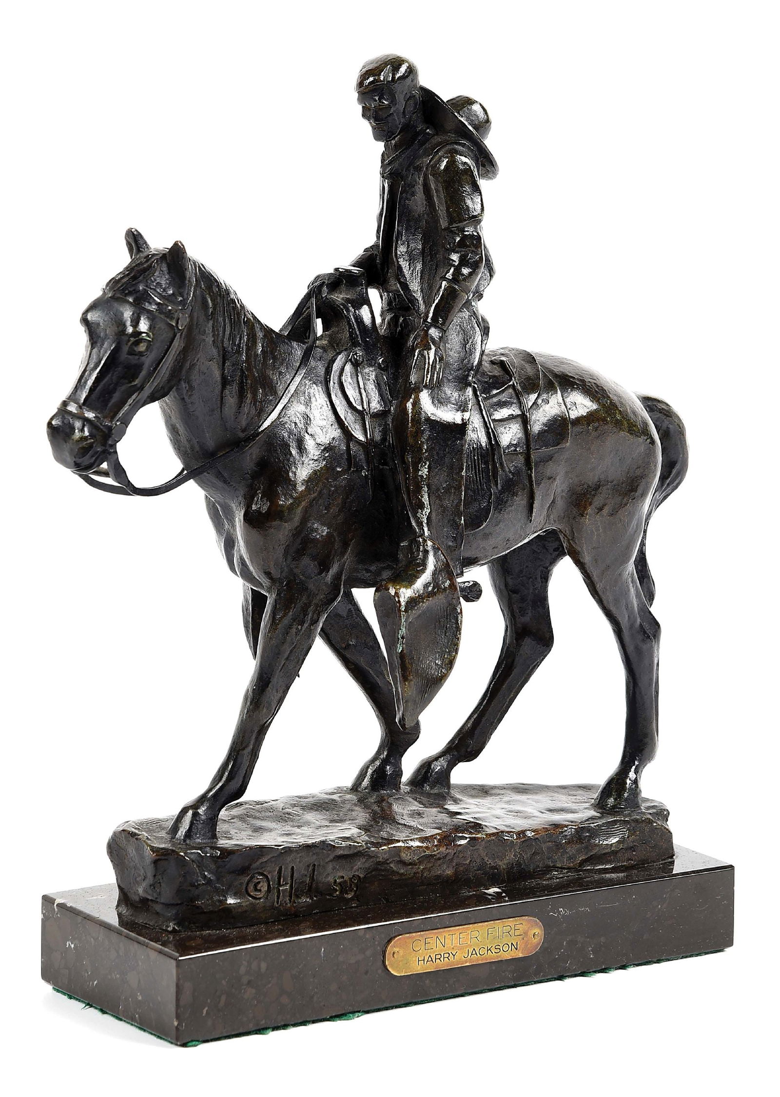HARRY JACKSON (AMERICAN, 1924-2011): Center Fire bronze 8-1/4" x 3-3/4" x 8-3/4" Signed and dated in bronze: "©HJ 58" and numbered 28 Title and artist name on the brass plinth 1" marble base Dimensions: 8 -1/4" x 3- 3/4" x 8- 3/4".