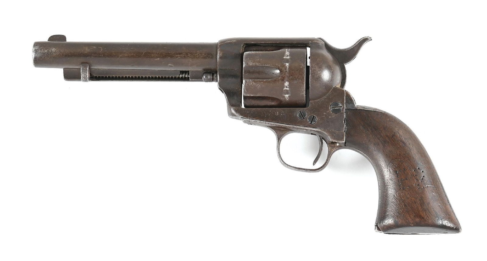 (A) EARLY COLT ARTILLERY MODEL SINGLE ACTION ARMY REVOLVER: The only legible serial number is on the frame, which dates to 1873, the first year of production. Black powder frame has a faint two line address and US stamp. Type-two ejector-style head and replace