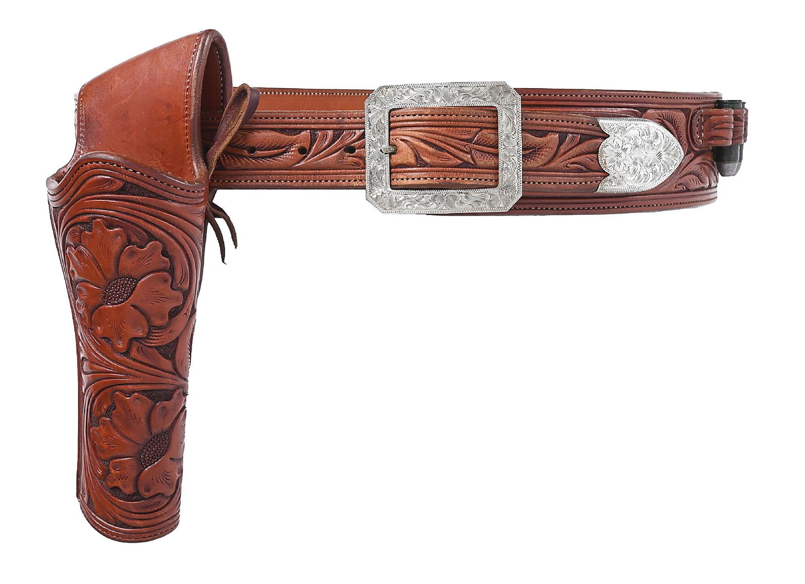 EDWARD BOHLIN TOOLED GUN BELT: Custom Edward Bohlin floral carved holster and gunbelt for a Colt SAA. Bears Bohlin maker stamp on inside of belt along with the classic Bohlin steer head silver plaque. Engraved to Al DeJohn. DeJohn