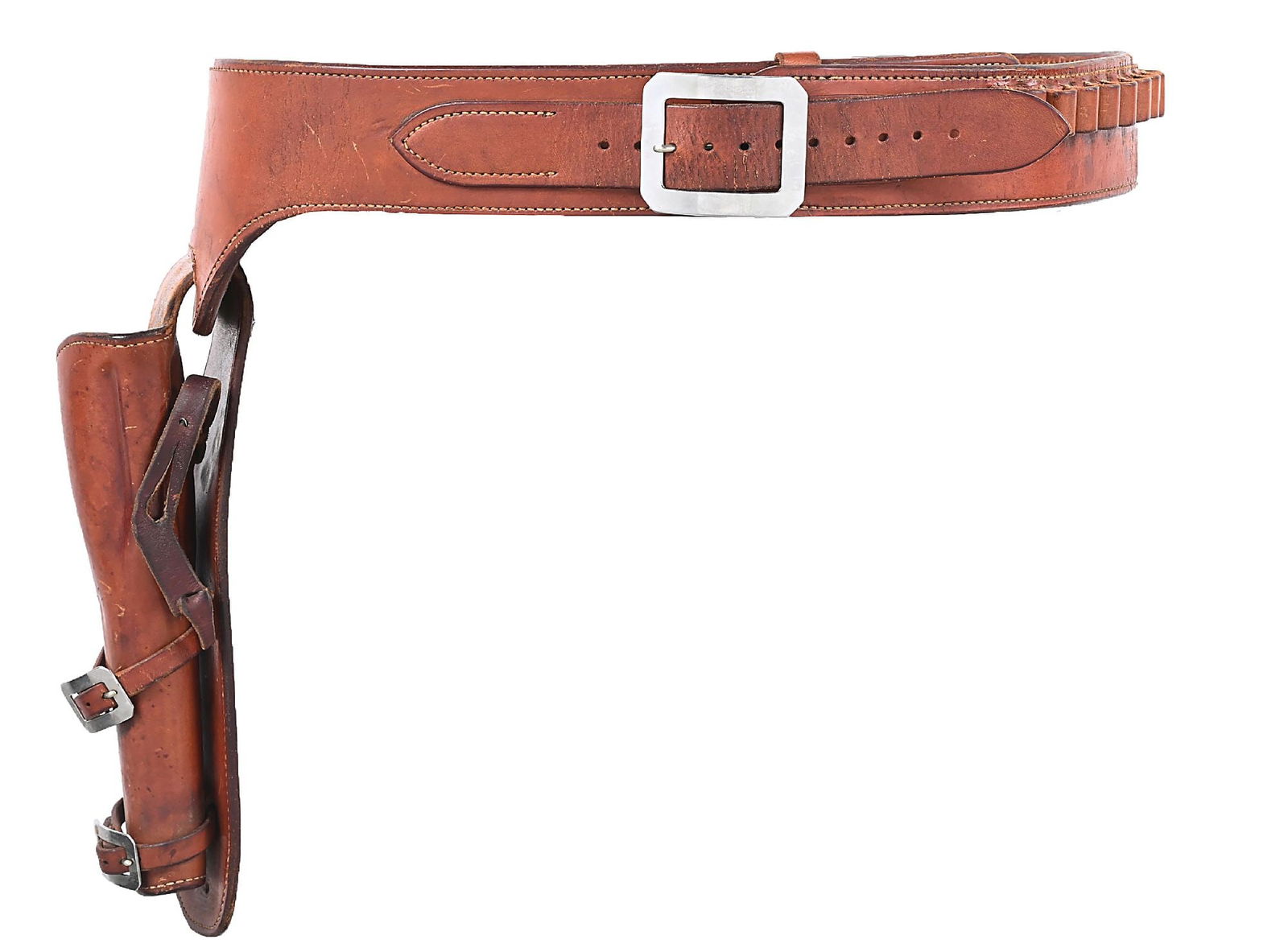 EDWARD H. BOHLIN BROWN LEATHER BELT AND HOLSTER: Double loop single action rig for a Colt SAA by famed Hollywood maker Edward Bohlin. Maker stamped twice on the leather and "BOHLINMADE / CALIF. / HOLLYWOOD" on the stainless buckle. Dimensions: 54" L