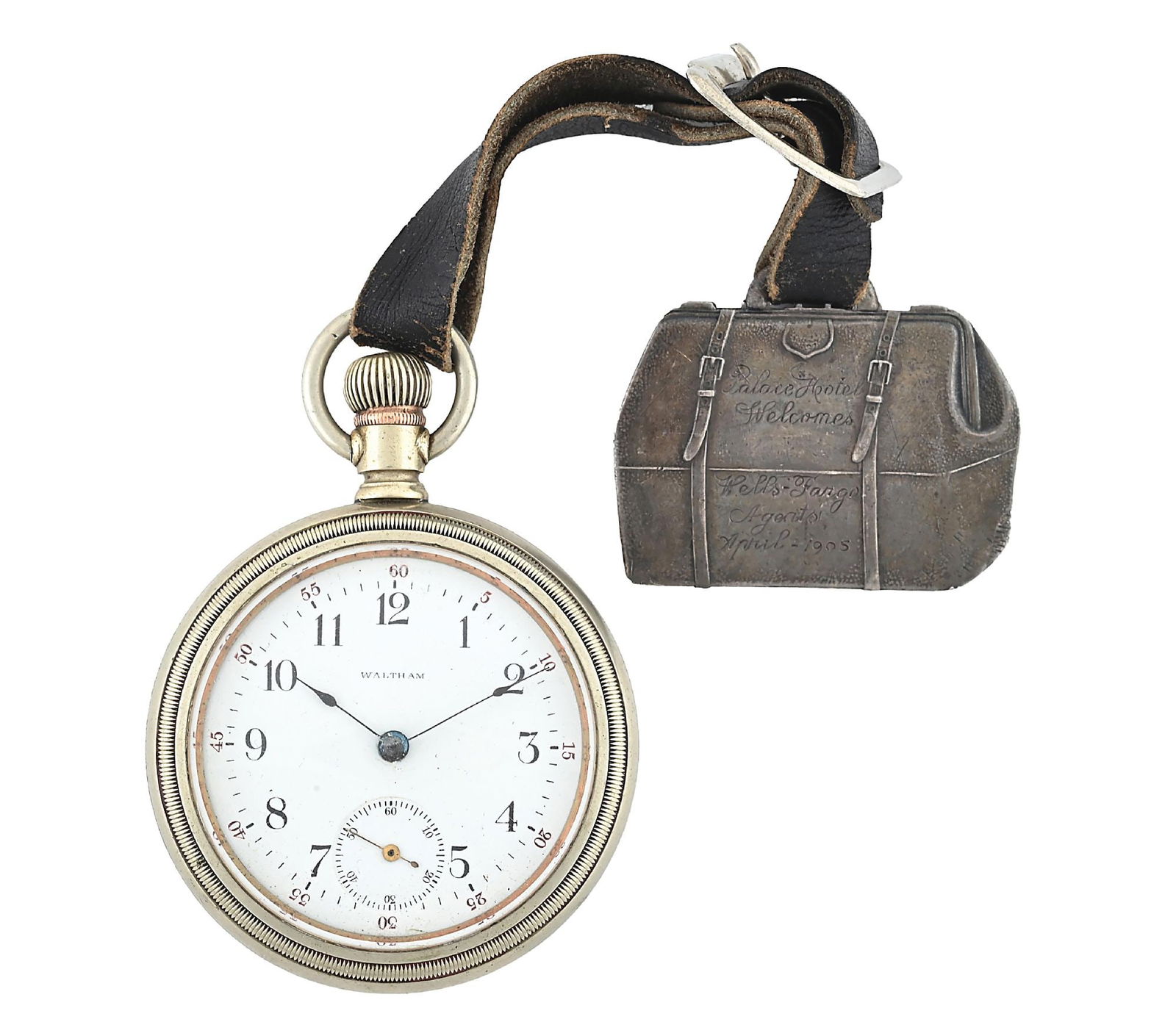 WELLS FARGO WATCH WITH PALACE HOTEL FOB: Exceeding rare and important presentation Waltham cased watch. Period engraved on the case: "WELLS FARGO & Co. / EXPRESS." Fob is jeweler made and in the shape of a leather express bag. Engraved in sc