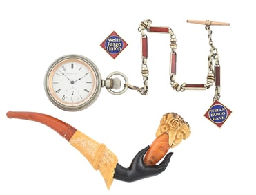 WELLS FARGO ENAMELED FOB, CASED WATCH, EMPLOYEE PIN, AND PIPE