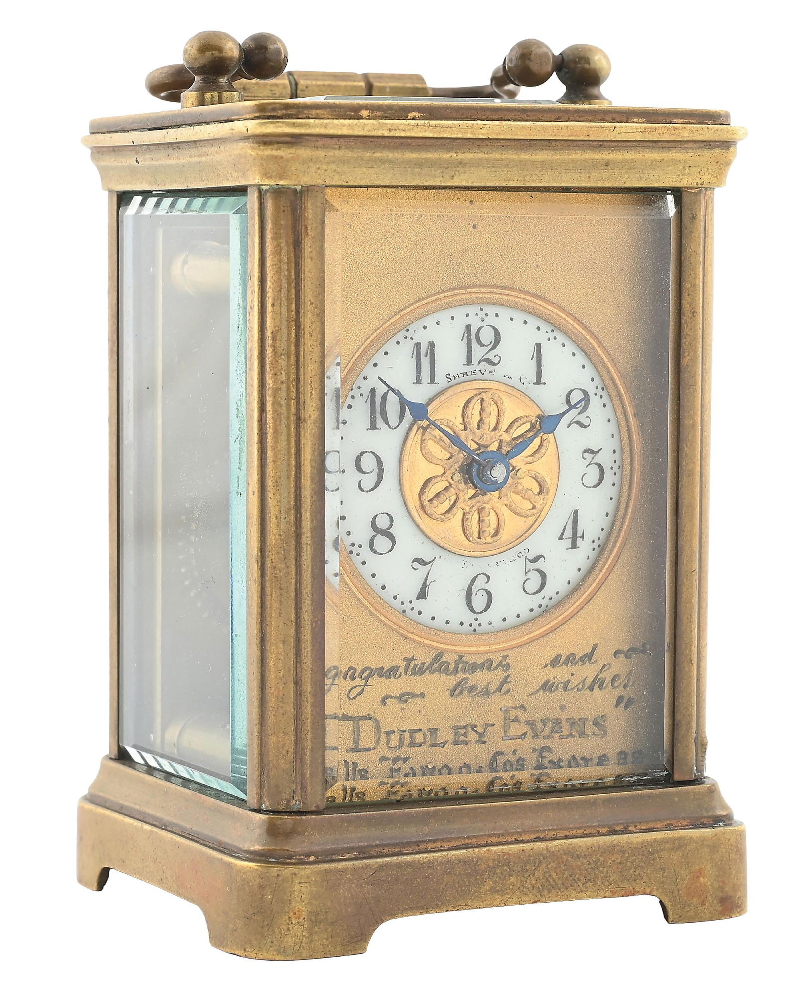 WELLS FARGO PRESENTATION CLOCK BY SHREVE OF SAN FRANSISCO: Exceeding rare Wells Fargo presentation carriage clock presented to Dudley Evans, President of Wells Fargo & Co. from 1902 to 1910. He was the former superintendent of the New York office, and prior t