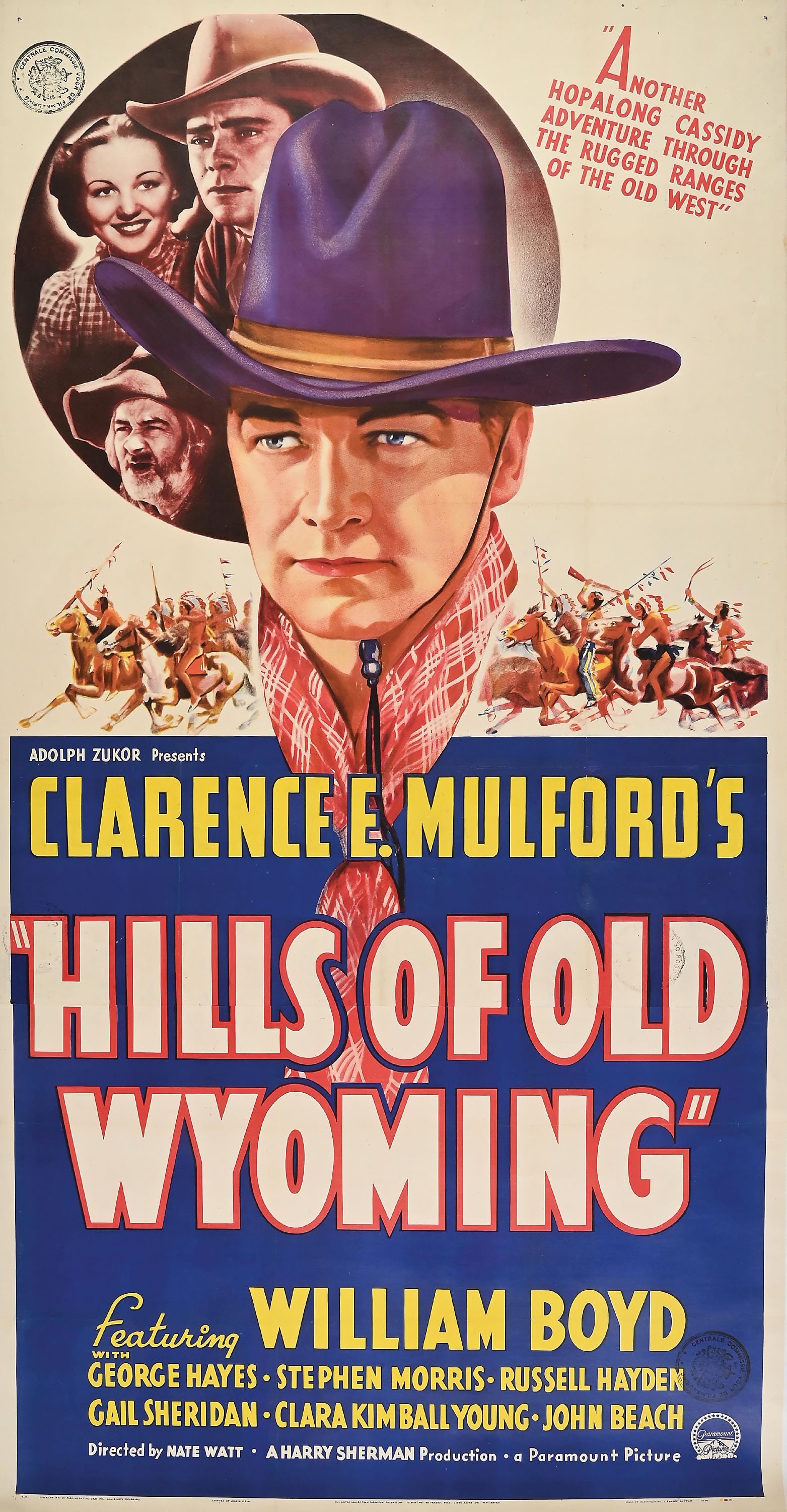 HILLS OF OLD WYOMING 3-SHEET LOBBY MOVIE POSTER: Hills of Old Wyoming is a Hopalong Cassidy Adventure starring William Boyd, 1937. Condition: Showing great color with no rips or repairs. Well-executed assembly of the three sheets on linen backing. D