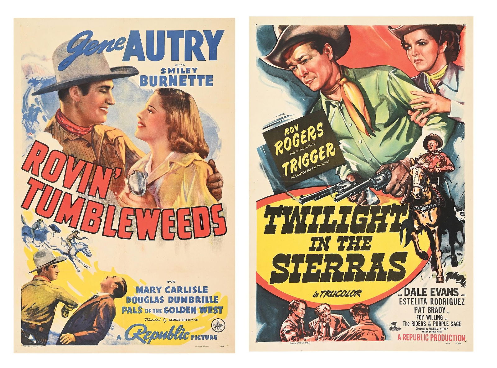 LOT OF 2: "ROVIN' TUMBLEWEEDS" & "TWILIGHT IN THE SIERRAS" LINEN-BACKED ONE-SHEET MOVIE POSTERS (1 of 5)