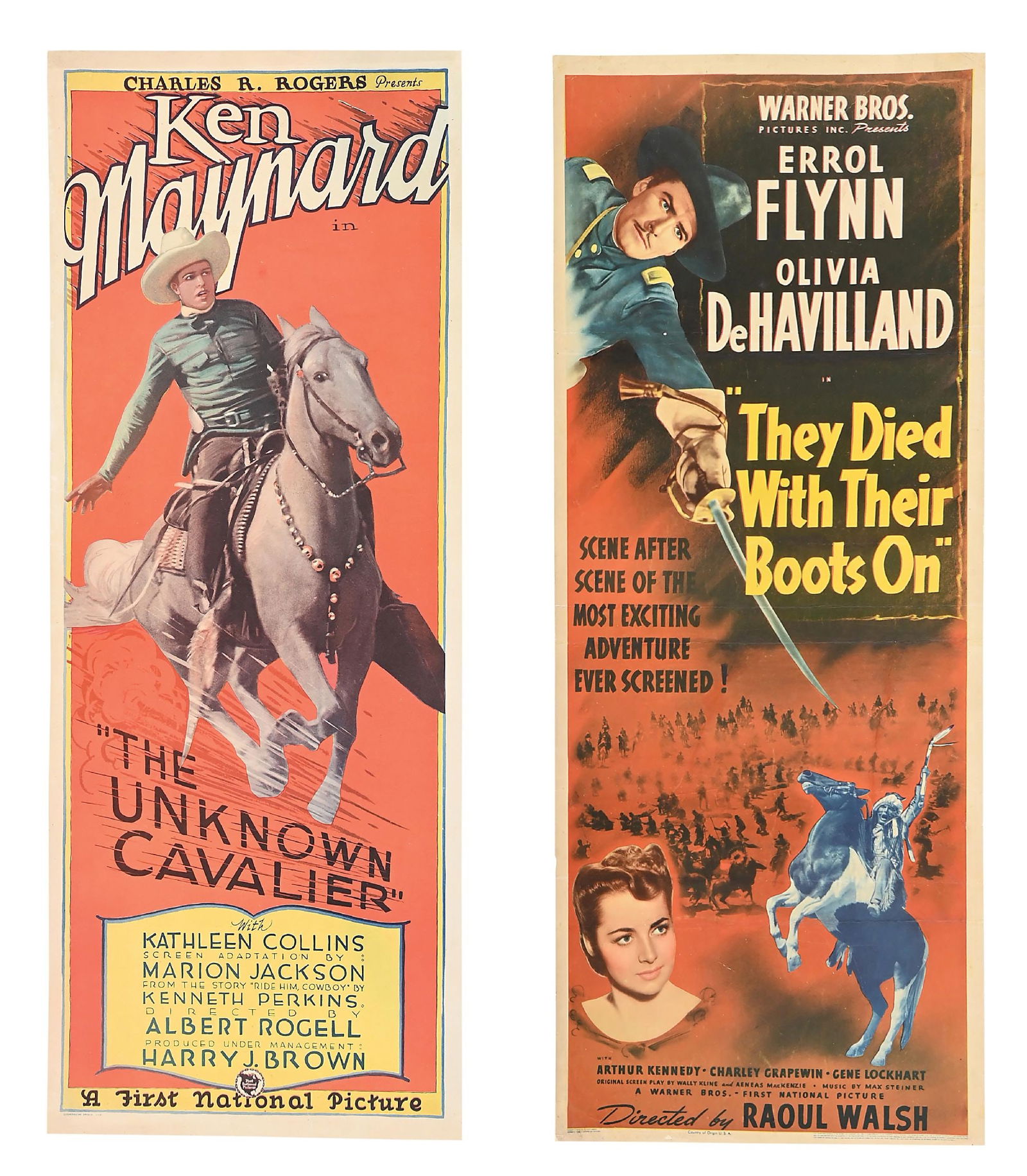 LOT OF 2: "THE UNKNOWN CAVALIER" & "THEY DIED WITH THEIR BOOTS ON" LINEN-BACKED THREE-SHEET MOVIE: (A) The Unknown Cavalier featuring Ken Maynard, 1926. Condition: Showing great color and a well-mounted 3-sheet linen-backed presentation. No rips or repairs noted. (B) They Died With Their Boots On f