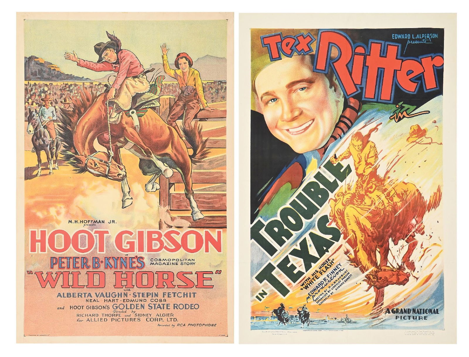 LOT OF 2: "WILD HORSE" & "TROUBLE IN TEXAS" LINEN-BACKED ONE-SHEET MOVIE POSTERS: (A) One-sheet poster for Wild Horse featuring Hoot Gibson, 1931. Condition: Showing good color, with no rips or repairs and mounted on linen. (B) One-sheet poster for "Trouble in Texas" featuring Tex