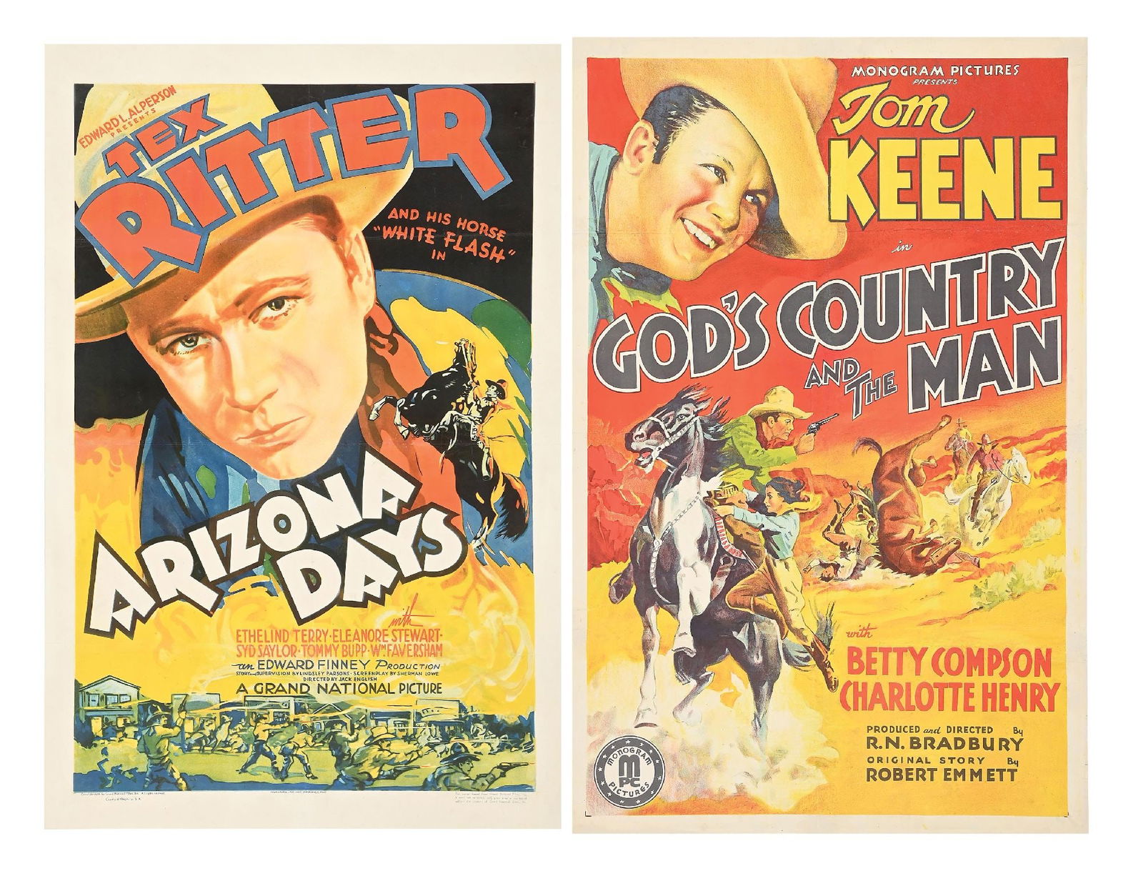 LOT OF 2: "ARIZONA DAYS" & "GOD'S COUNTRY AND THE MAN" LINEN-BACKED ONE-SHEET MOVIE POSTERS: (A) Arizona Days featuring Tex Ritter, 1937. Condition: Showing great color, with no rips or repairs, and linen mounted. (B) God's Country and the Man with Tom Keene, 1937. Condition: Showing great co