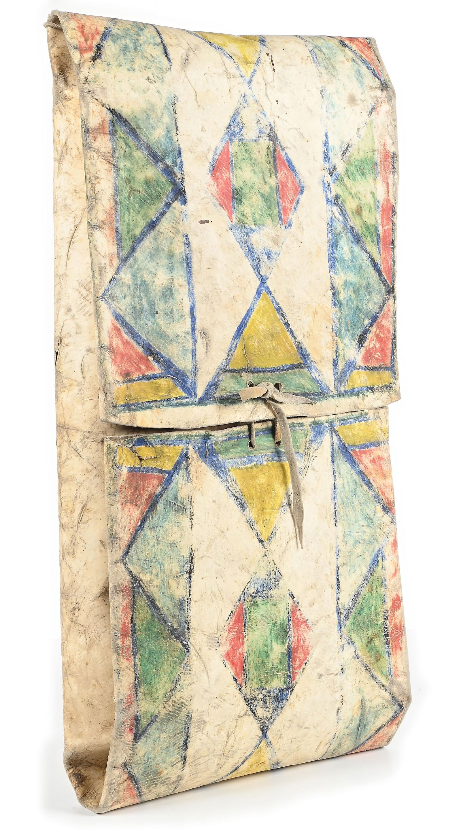 BLACKFOOT PARFLECHE: Circa last quarter 19th century. Mineral painted with an overall geometric pattern with a central panel of diamonds and triangles on elk rawhide. Colors: Green, Light Blue, Dark Blue, Red, Yellow