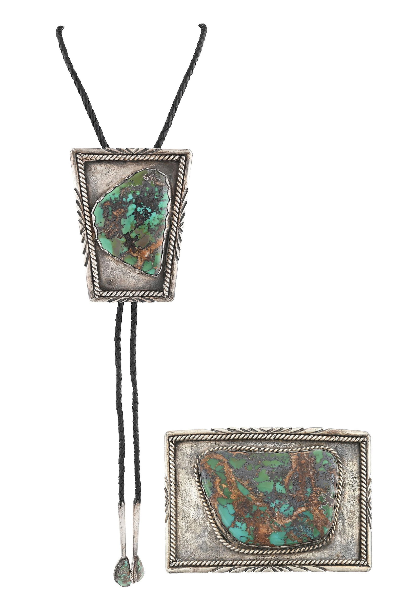 NAVAJO (DINÉ) MATCHING BOLO & BELT BUCKLE SET: Contemporary. Each with a large central piece of Cerrillos turquoise, both stamped with a hallmark of "BC". Dimensions: 6" x 4" buckle, 24" length bolo Dimensions: Largest: 6" x 4".
