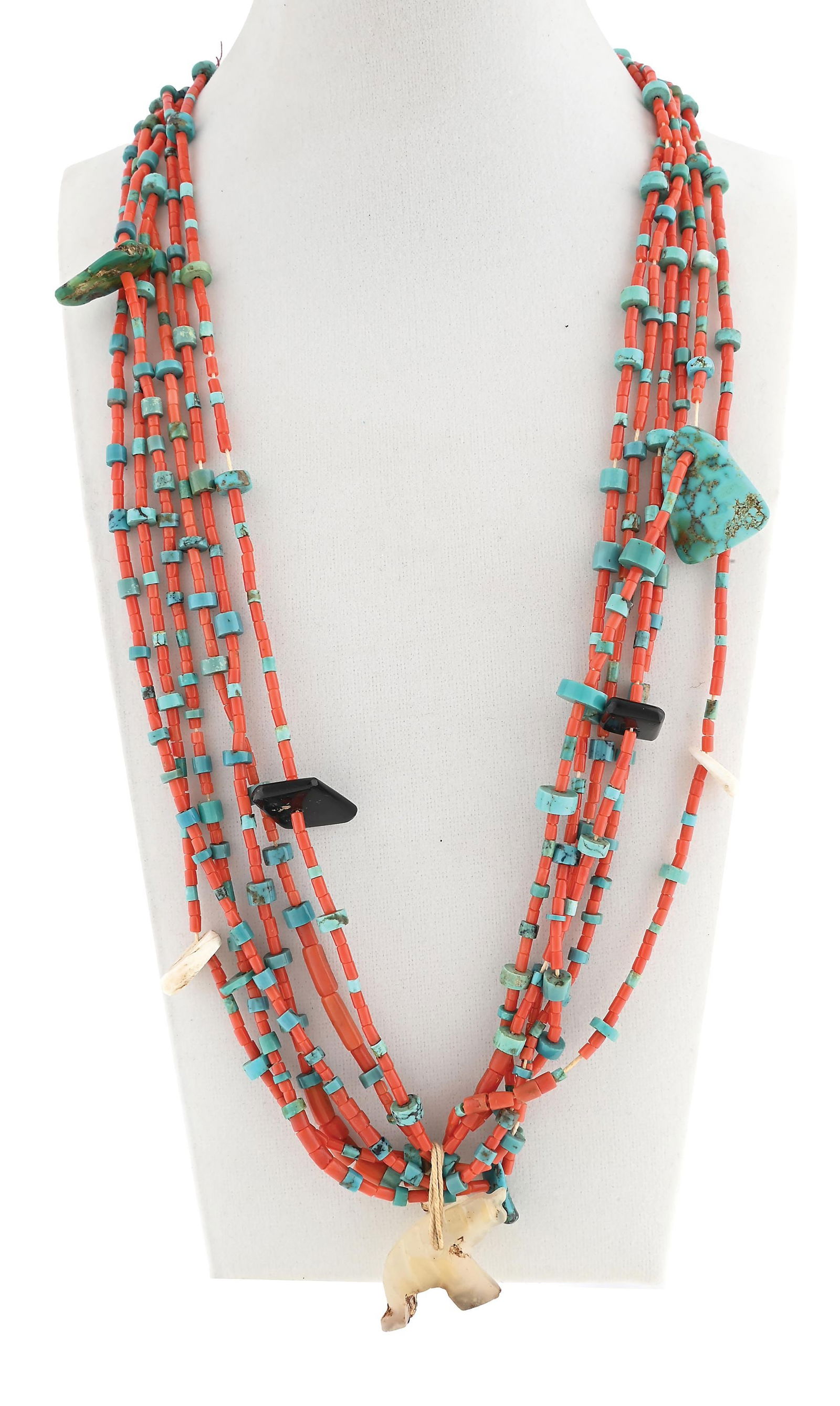 ZUNI (A:SHIWI) CORAL & TURQUOISE: Contemporary. A Zuni necklace comprised of coral and turquoise beads with various tabs and an onyx bear on cotton thread. Dimensions: 16" Length.