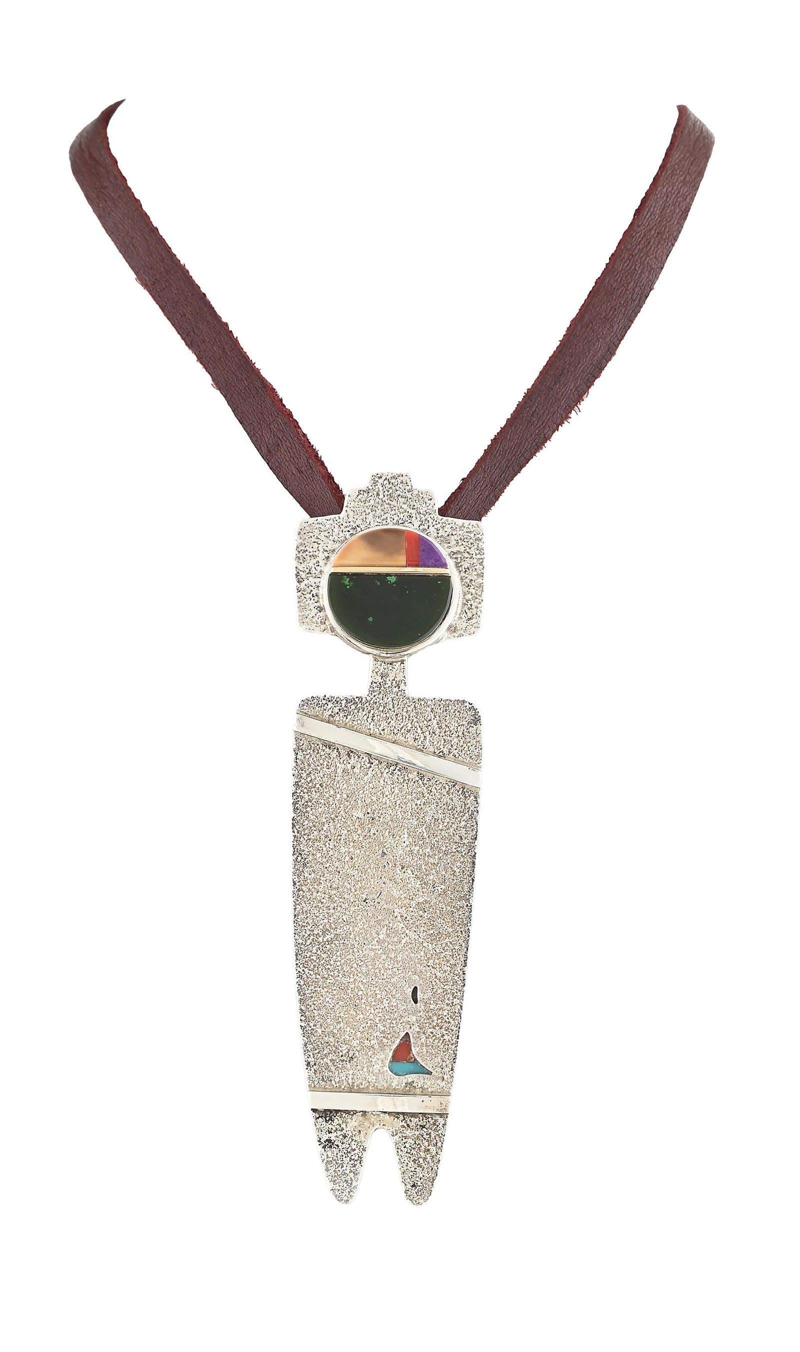 HOPI CORN MAIDEN PENDANT MARKED VERMA NEQUATEWA (SONWAI) B.1949: Contemporary. With a tufa cast figure with inlay face on one side and inlay body on the other side. Includes attached leather strap. Dimensions: 17" Length.