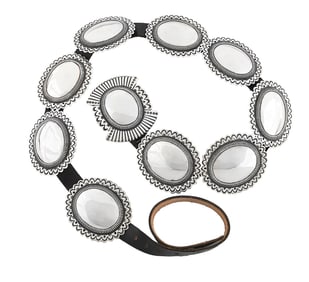 STERLING SILVER & LEATHER CONCHO BELT (COCHITI) BY CIPPY CRAZY HORSE B. 1946