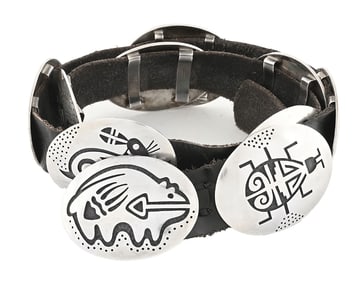 STERLING SILVER & LEATHER HOPI CONCHO BELT BY MANUEL HOYUNGOWA