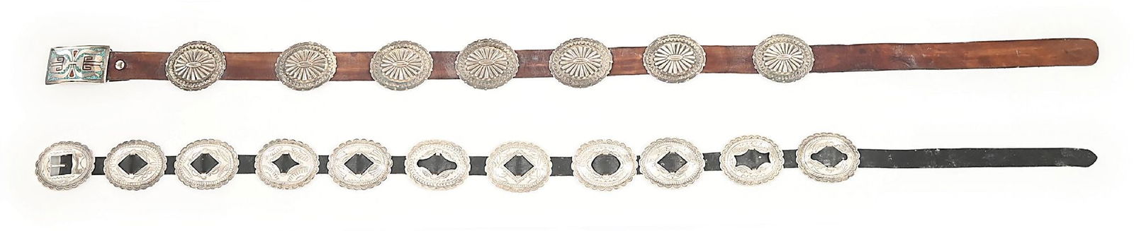 LOT OF 2: NAVAJO CONCHO BELTS: Contemporary. (A) Tommy Singer, circa 1970s sterling silver, natural turquoise and red coral. Buckle marked with "T" and crescent moon. 7 oval conchos, 2" x 2-3/4", 57-1/2" overall. (#141) (B) A sterl