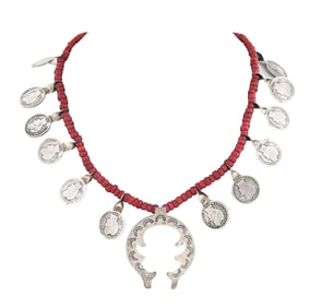 STERLING & SILVER DIME RED GLASS BEADED SQUASH BLOSSOM NECKLACE