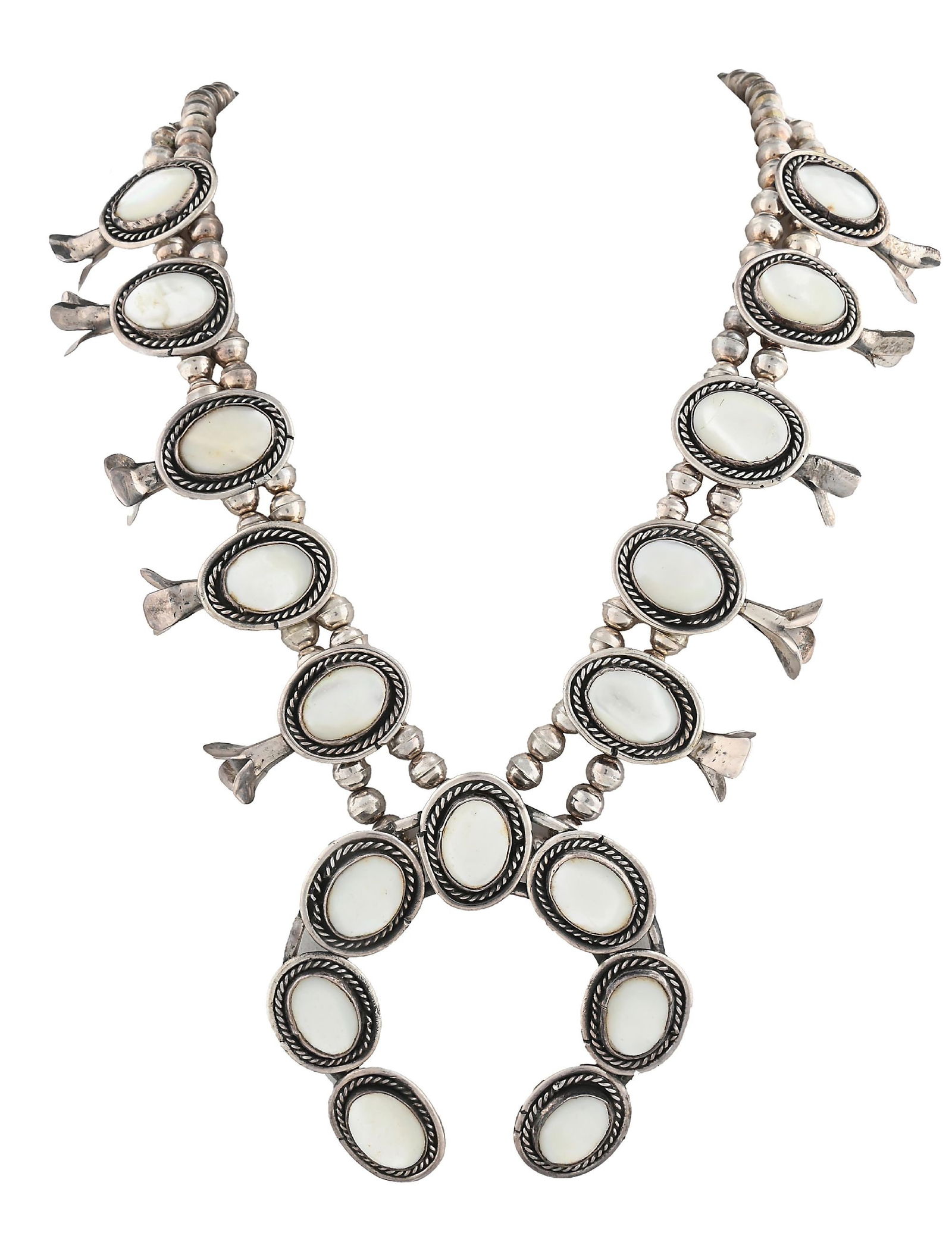 STERLING SILVER & MOTHER OF PEARL SQUASH BLOSSOM NECKLACE: Contemporary. Sterling silver and mother of pearl squash blossom necklace. Unmarked. Length measures 24". Gross weight is 156.8 grams. Condition: Very good - excellent. Dimensions: 24" L.